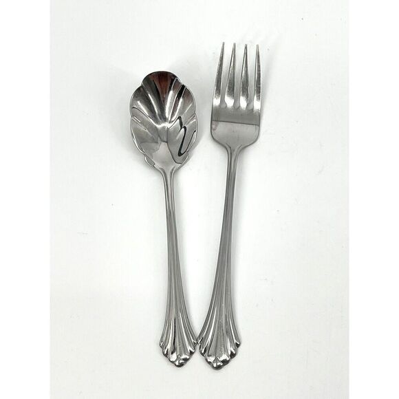 Oneida BANCROFT Stainless Ridged Flared Tip 6 1/8” Sugar Spoon 6 3/4” Salad Fork - Picture 1 of 7